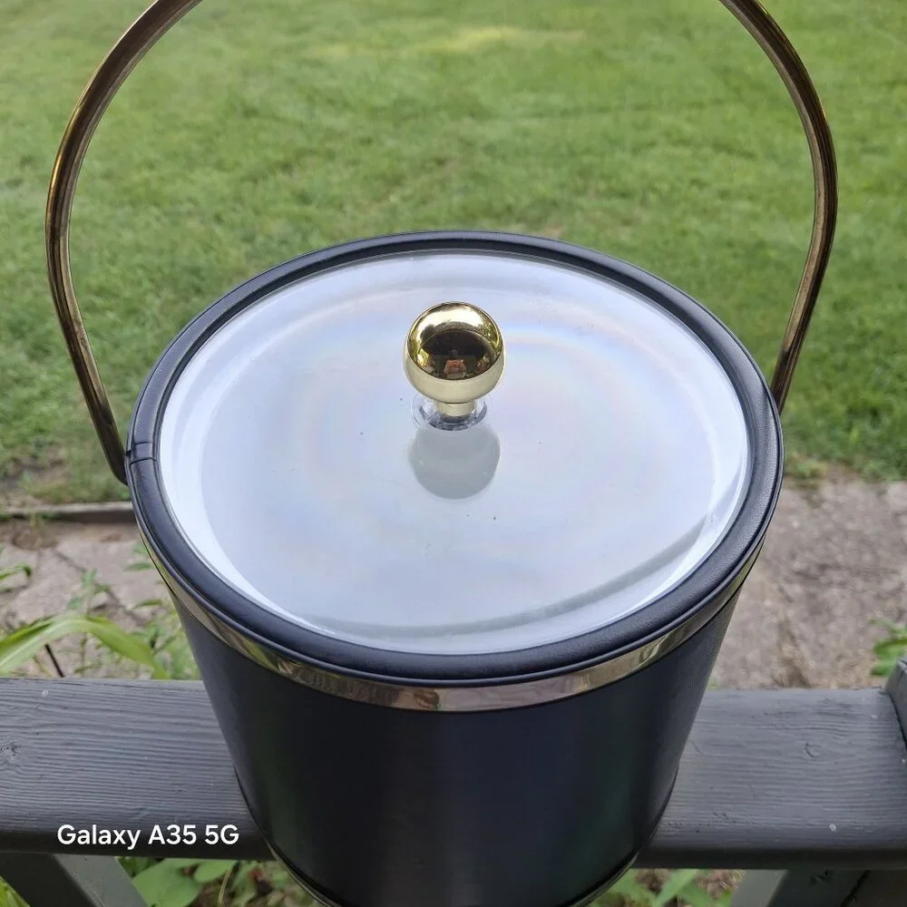Vintage Kraftware Black Ice Bucket With Gold & Clear Lid Handle Insulated Design